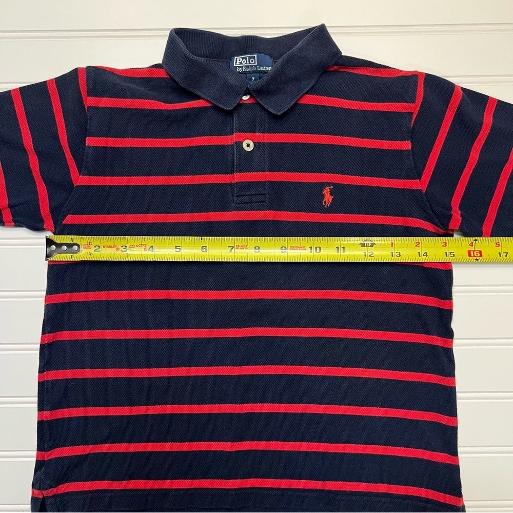 Polo Ralph Lauren Navy Blue and Red Striped Polo Shirt 100% Cotton Kid's Size 7 - Picture 5 of 7